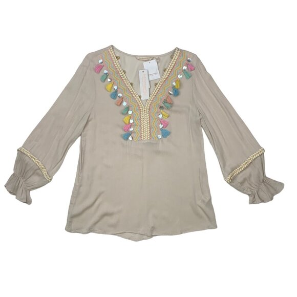 Soft Surroundings Clementine Tunic Top S Natural Embroidered Tassels Coastal - Picture 12 of 12
